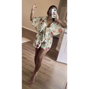 Under Protection Romper Women M Floral Print Short Sleeve V-neck Tie Front Boho